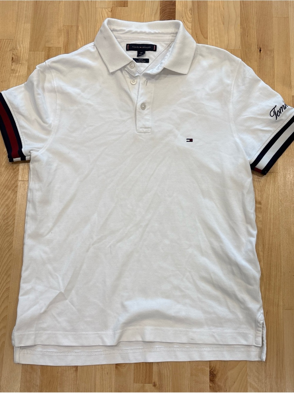 Tommy Hilfiger White Slim Fit Polo Embroidered Striped Sleeve Flag Logo Sz Small
